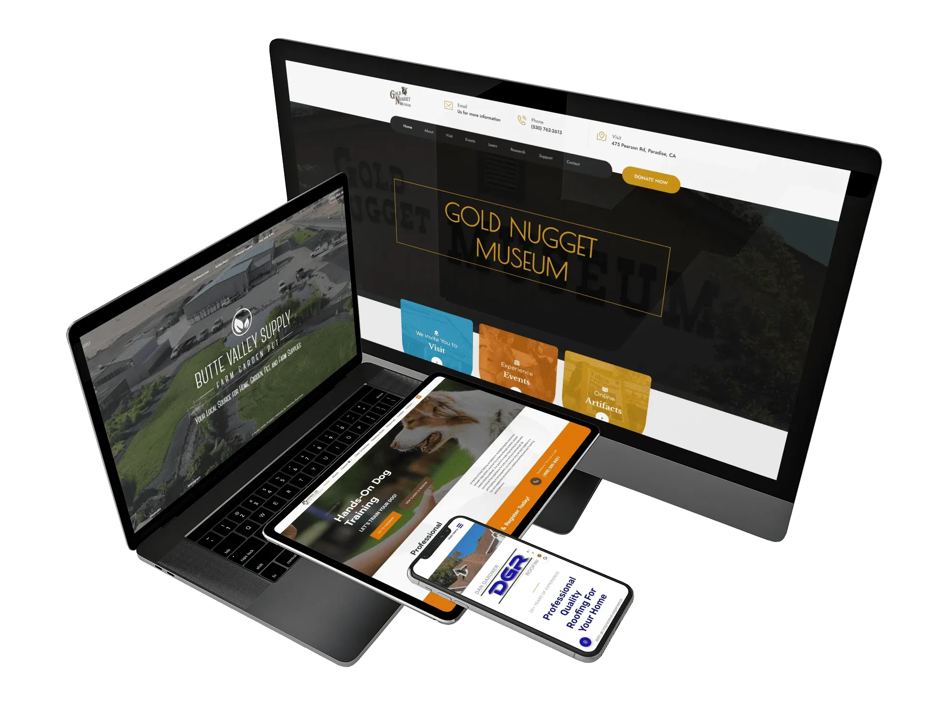 Clients of Monkey Business displayed on desktop monitor, laptop, tablet, and mobile devices.