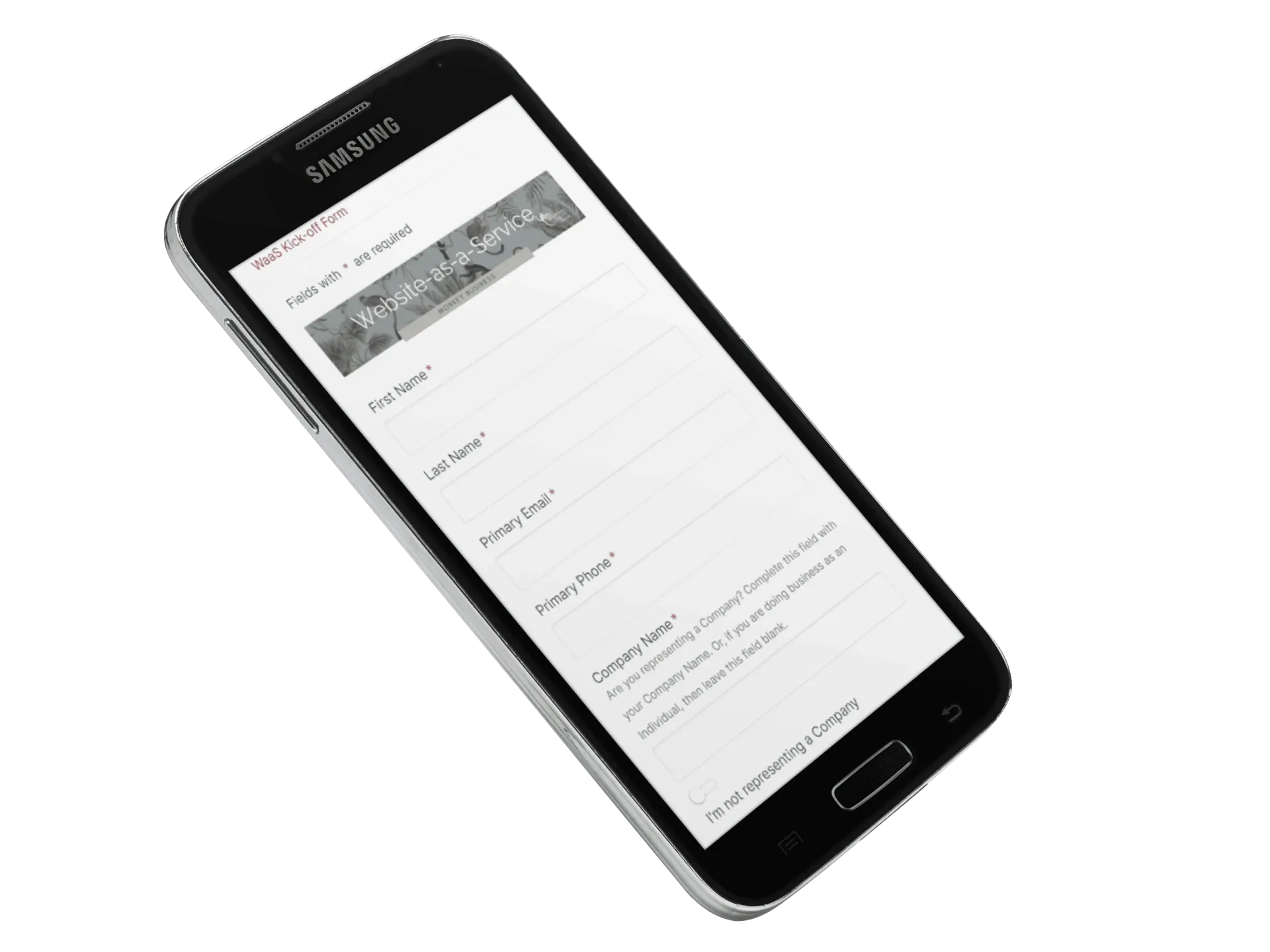 Home Andriod phone displaying Monkey Business subscription form for their Website-as-a-Service plans.